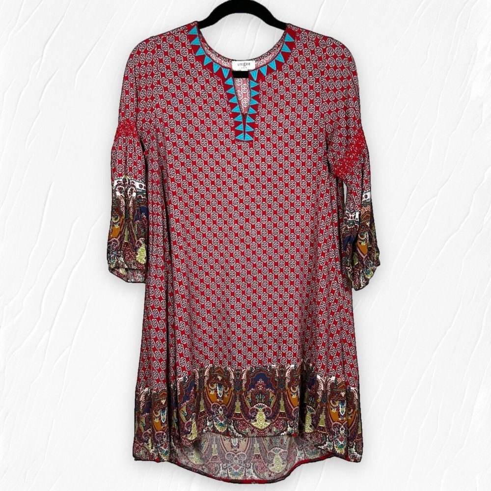 Umgee Tunic / Dress Embroidered Placket & Hi-Low Hem Boho, Flowy Size Small S